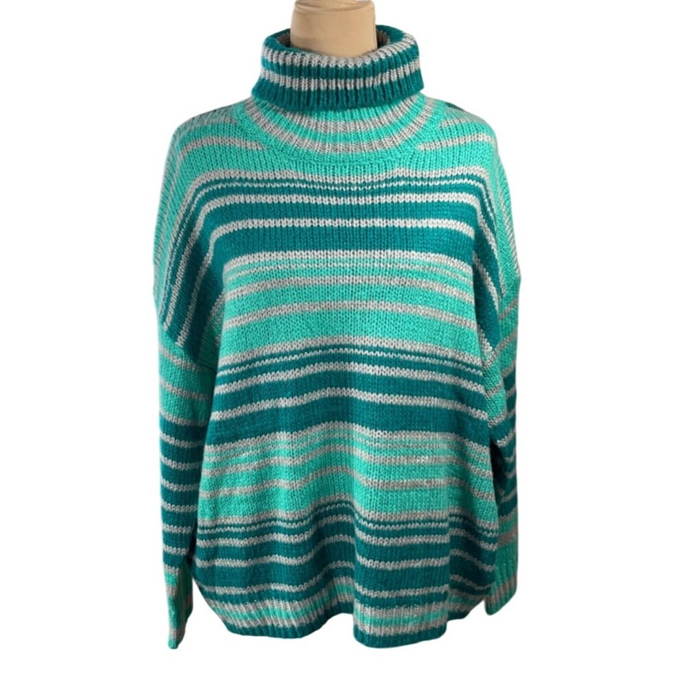 Impressions Turtleneck Sweater Chunky Green Stripe Size M Medium